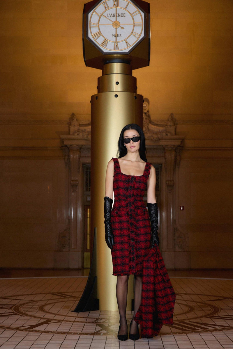 Aya Tweed Midi Dress Red Black Houndstooth-L&
