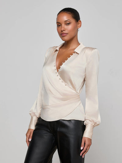 Bernice Satin Wrap Blouse Champagne-L'Agence-Tocca Finita