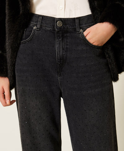Black Five-Pocket Jeans With Rhinestones Black Denim-TWINSET-Tocca Finita