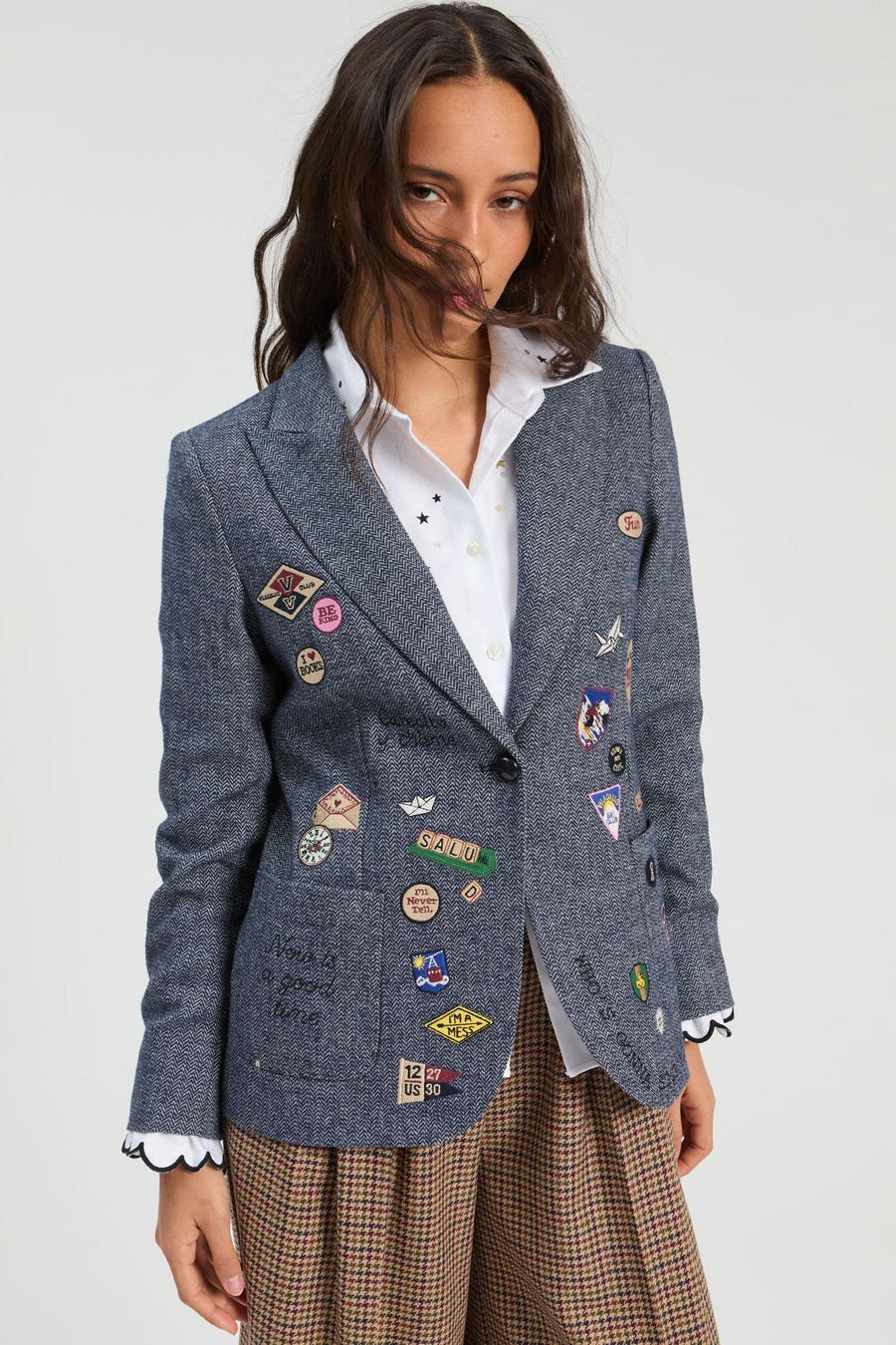 Blue Wool Jacket Embroidered Badges-Vilagallo-Tocca Finita