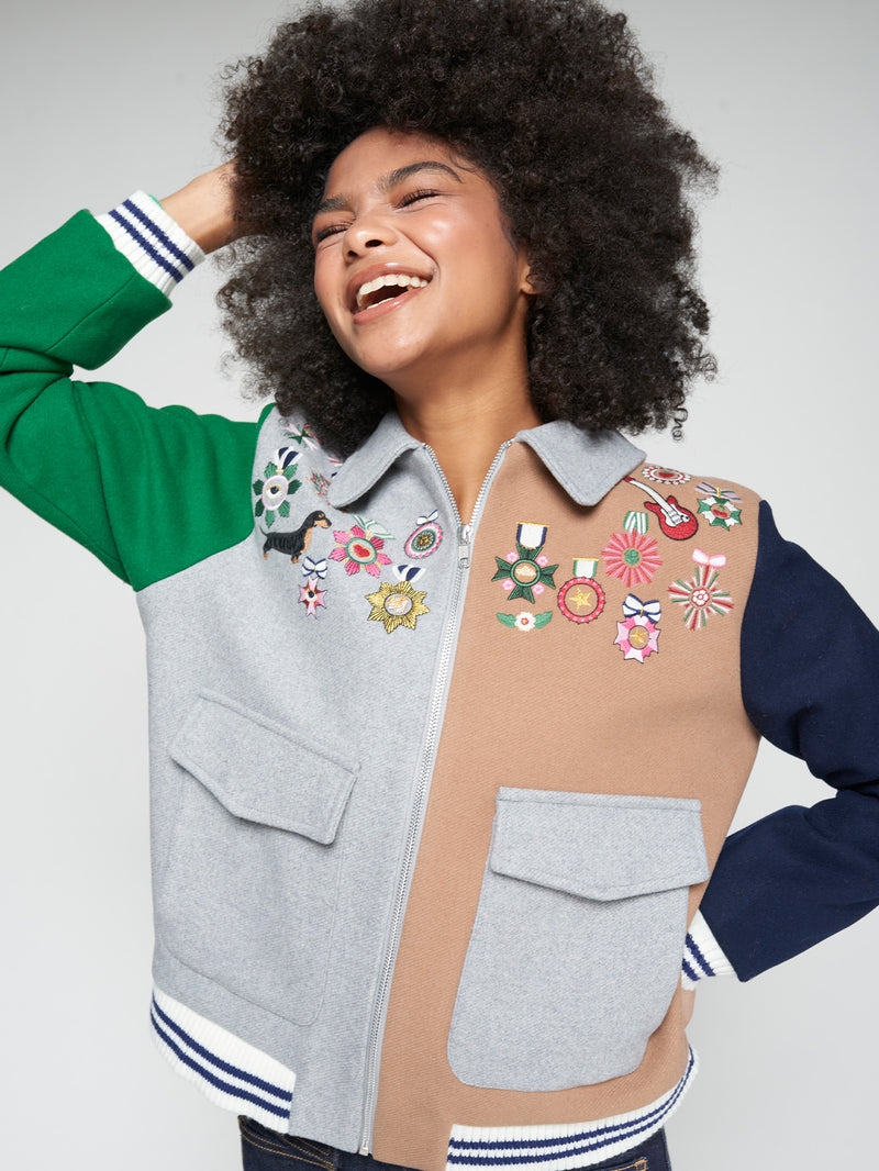 Bomber Jacket Grey Wool Condecorations Embroidery-Vilagallo-Tocca Finita