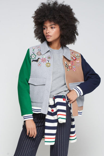 Bomber Jacket Grey Wool Condecorations Embroidery-Vilagallo-Tocca Finita