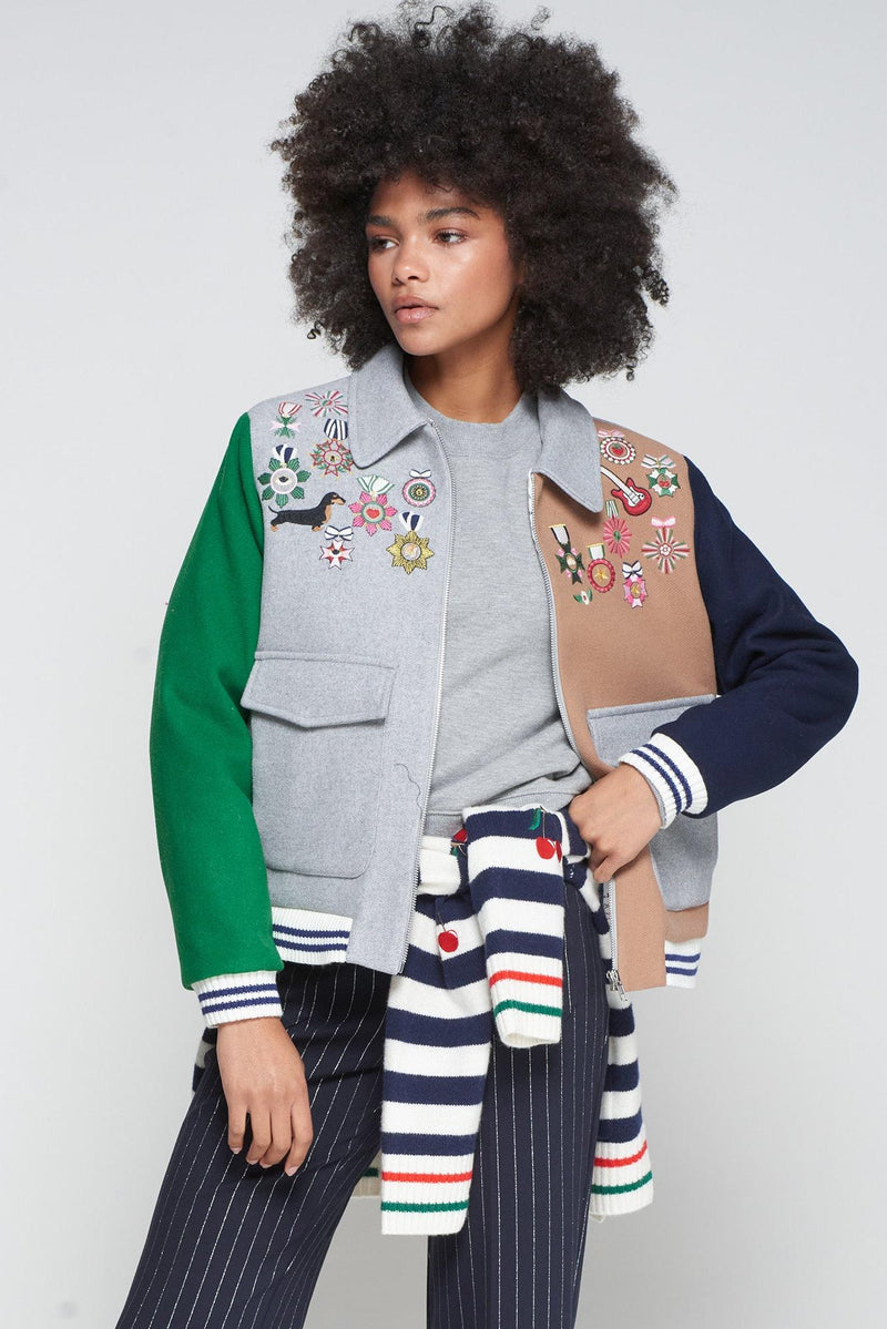 Bomber Jacket Grey Wool Condecorations Embroidery-Vilagallo-Tocca Finita