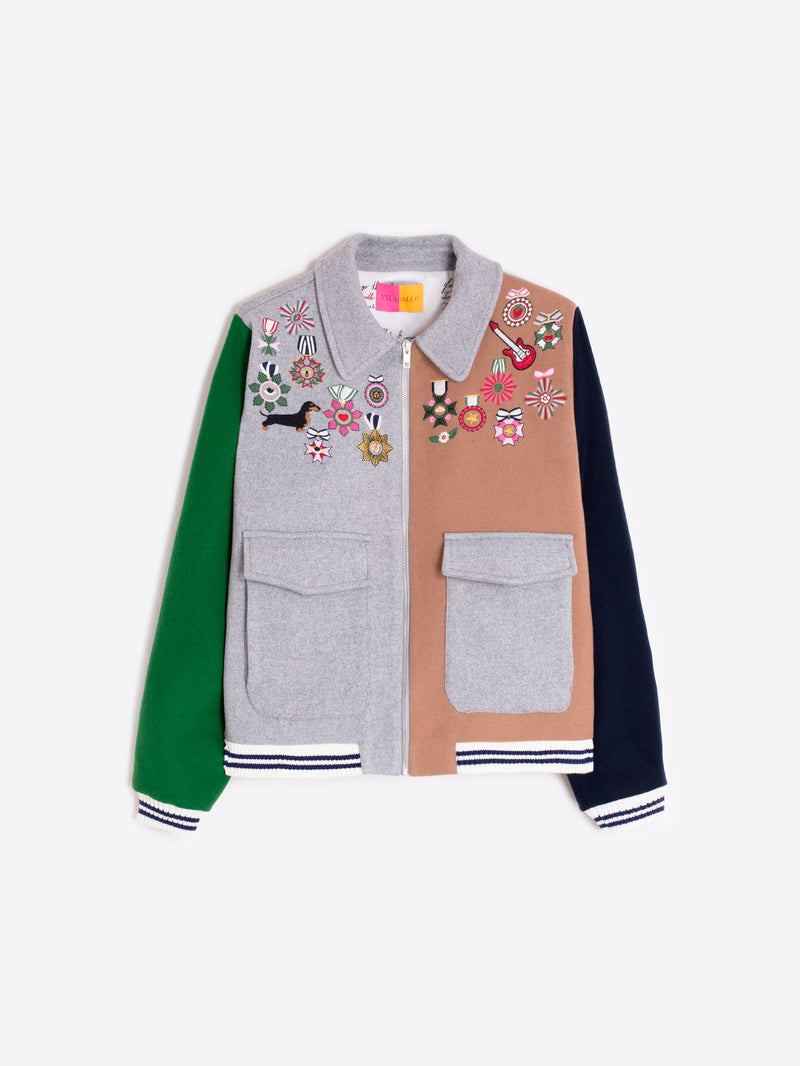 Bomber Jacket Grey Wool Condecorations Embroidery-Vilagallo-Tocca Finita