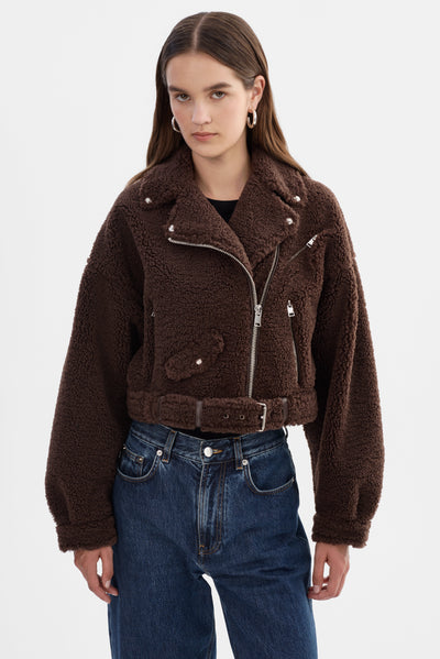 Brina Sherpa Biker Jacket Brown-LAMARQUE-Tocca Finita