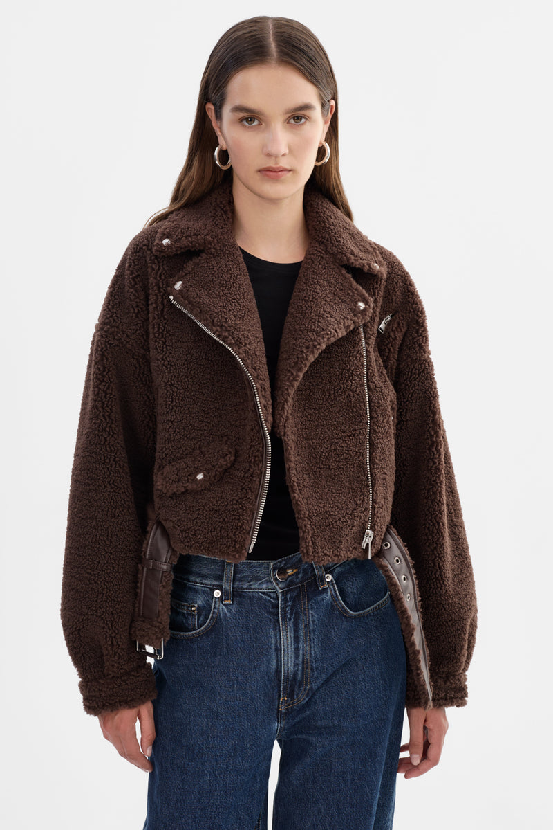 Brina Sherpa Biker Jacket Brown-LAMARQUE-Tocca Finita