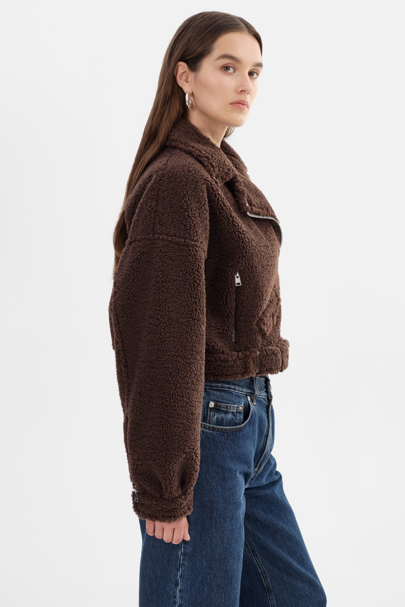 Brina Sherpa Biker Jacket Brown-LAMARQUE-Tocca Finita