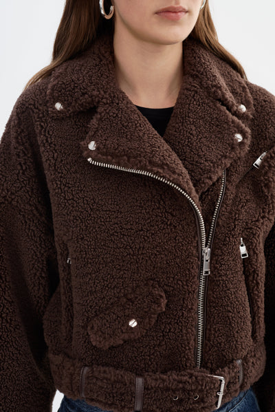 Brina Sherpa Biker Jacket Brown-LAMARQUE-Tocca Finita