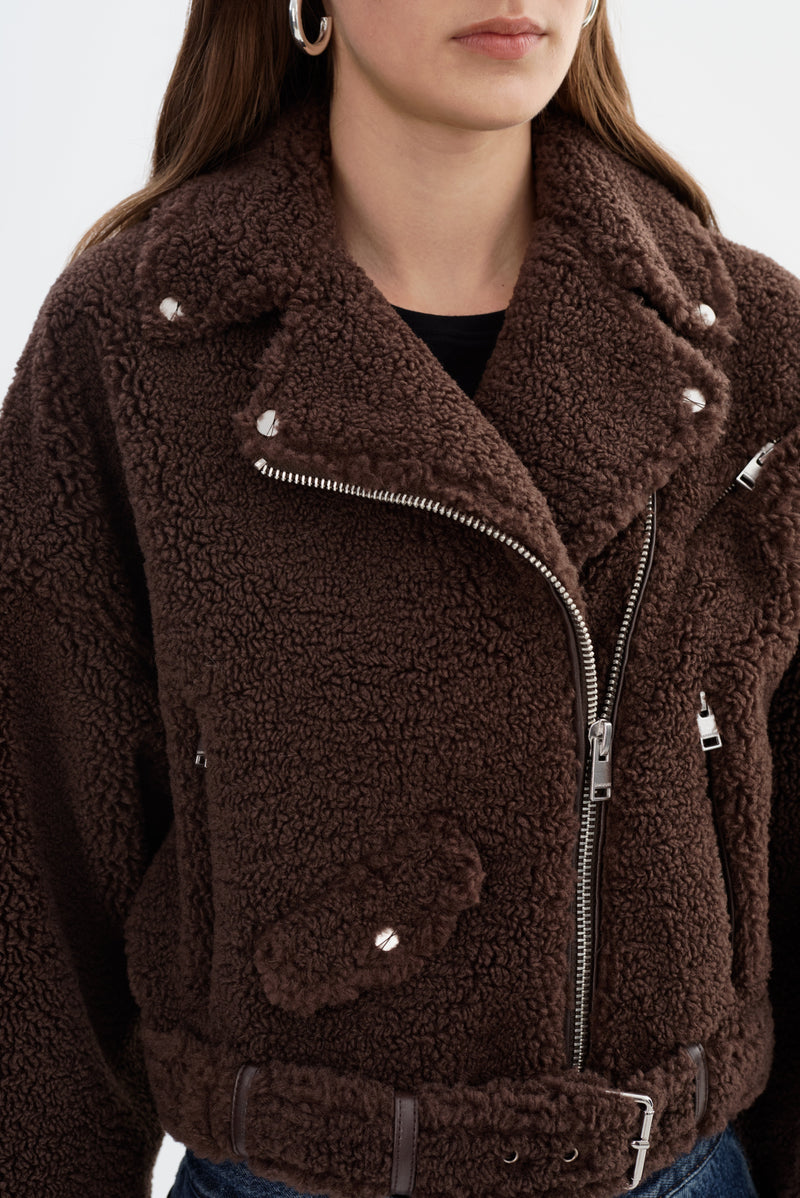 Brina Sherpa Biker Jacket Brown-LAMARQUE-Tocca Finita