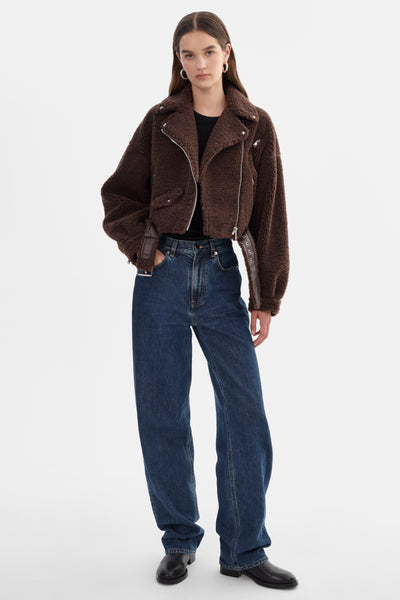 Brina Sherpa Biker Jacket Brown-LAMARQUE-Tocca Finita