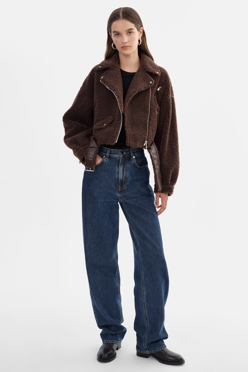Brina Sherpa Biker Jacket Brown-LAMARQUE-Tocca Finita