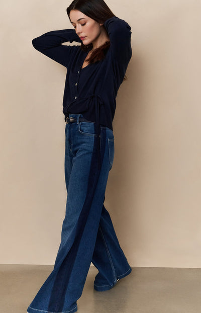 Cardigan With V-Neck And Tie Waist Inkwell Blue-Yaya-Tocca Finita