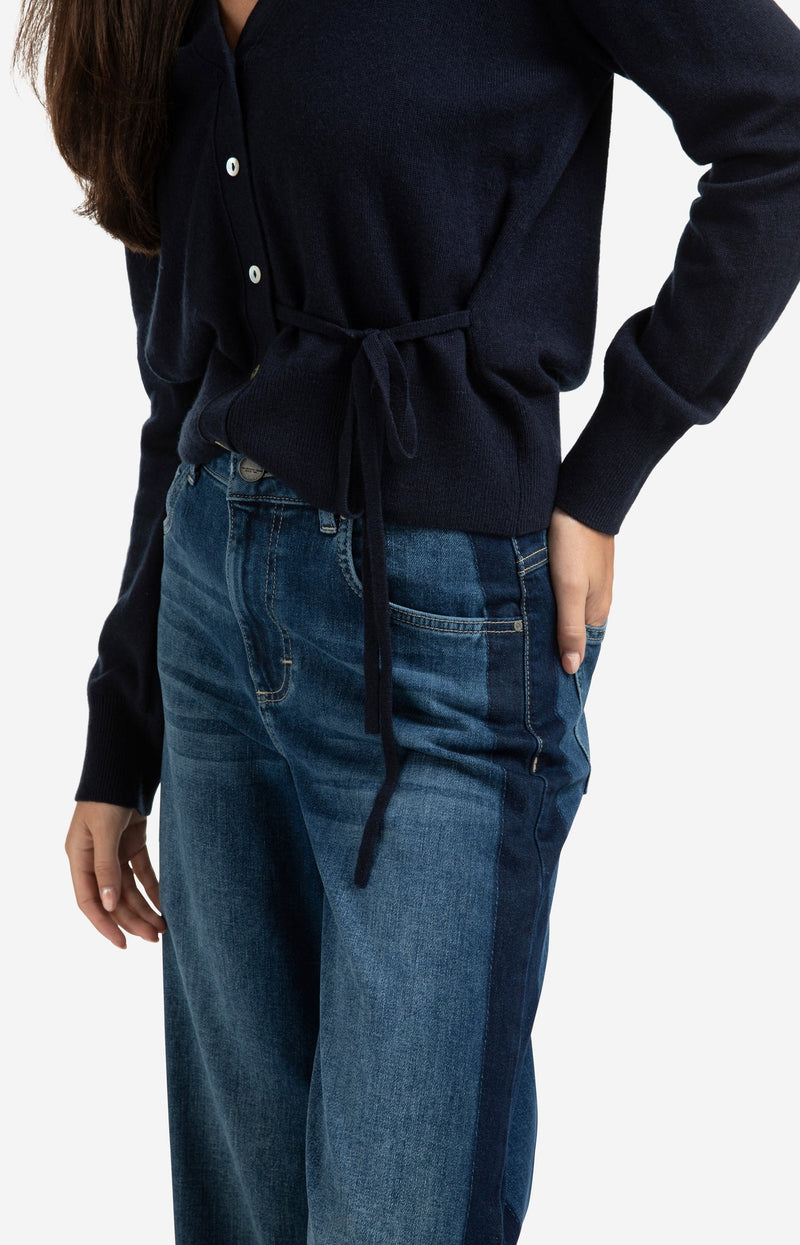 Cardigan With V-Neck And Tie Waist Inkwell Blue-Yaya-Tocca Finita