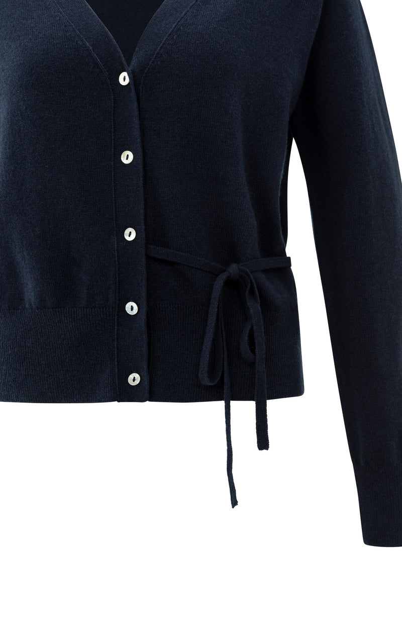 Cardigan With V-Neck And Tie Waist Inkwell Blue-Yaya-Tocca Finita