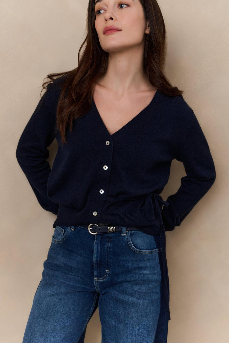 Cardigan With V-Neck And Tie Waist Inkwell Blue-Yaya-Tocca Finita