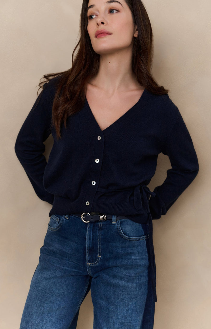 Cardigan With V-Neck And Tie Waist Inkwell Blue