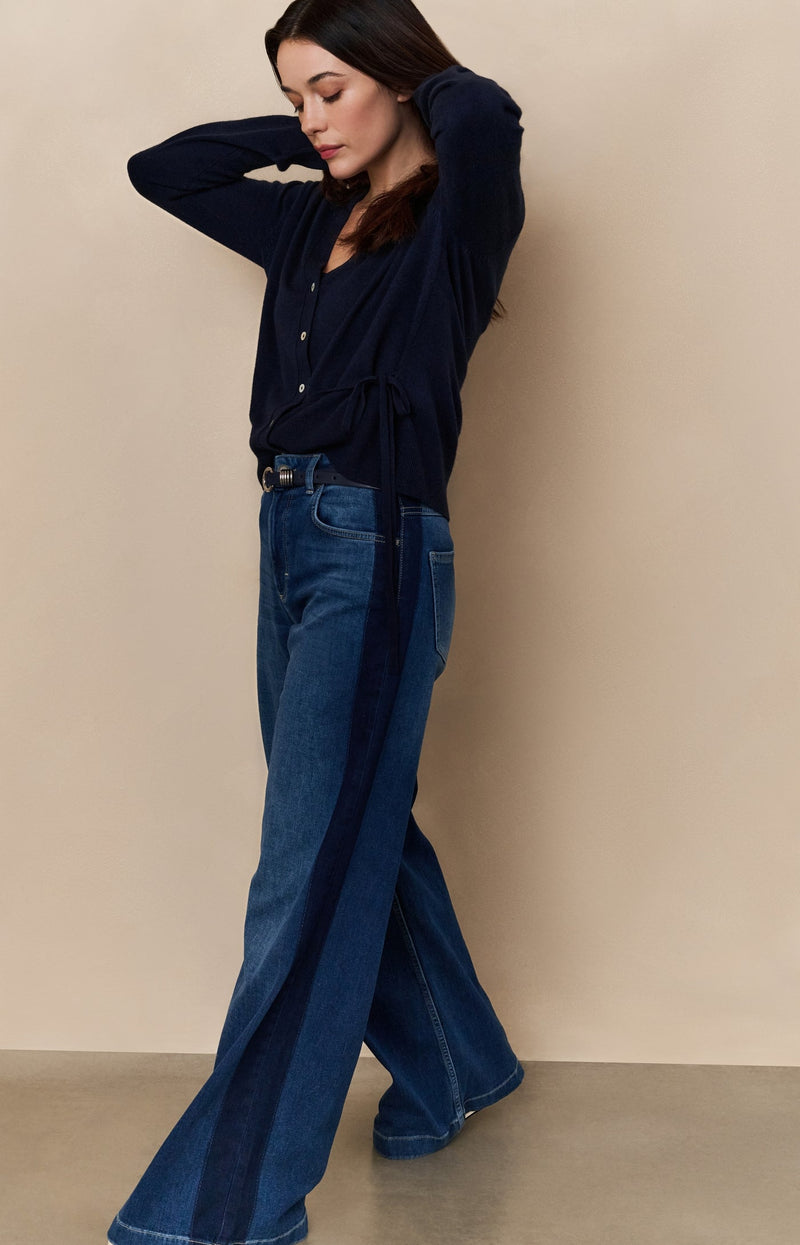 Cardigan With V-Neck And Tie Waist Inkwell Blue