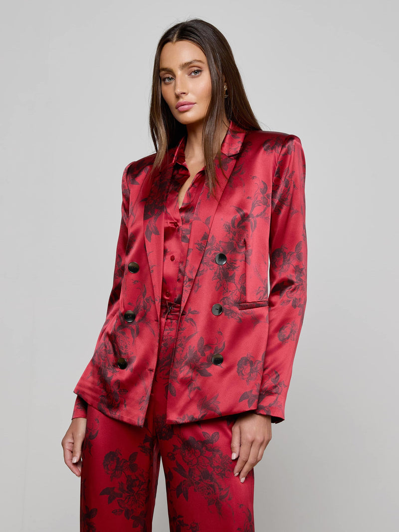 Colin Silk Blazer Burgundy Painterly Floral-L&