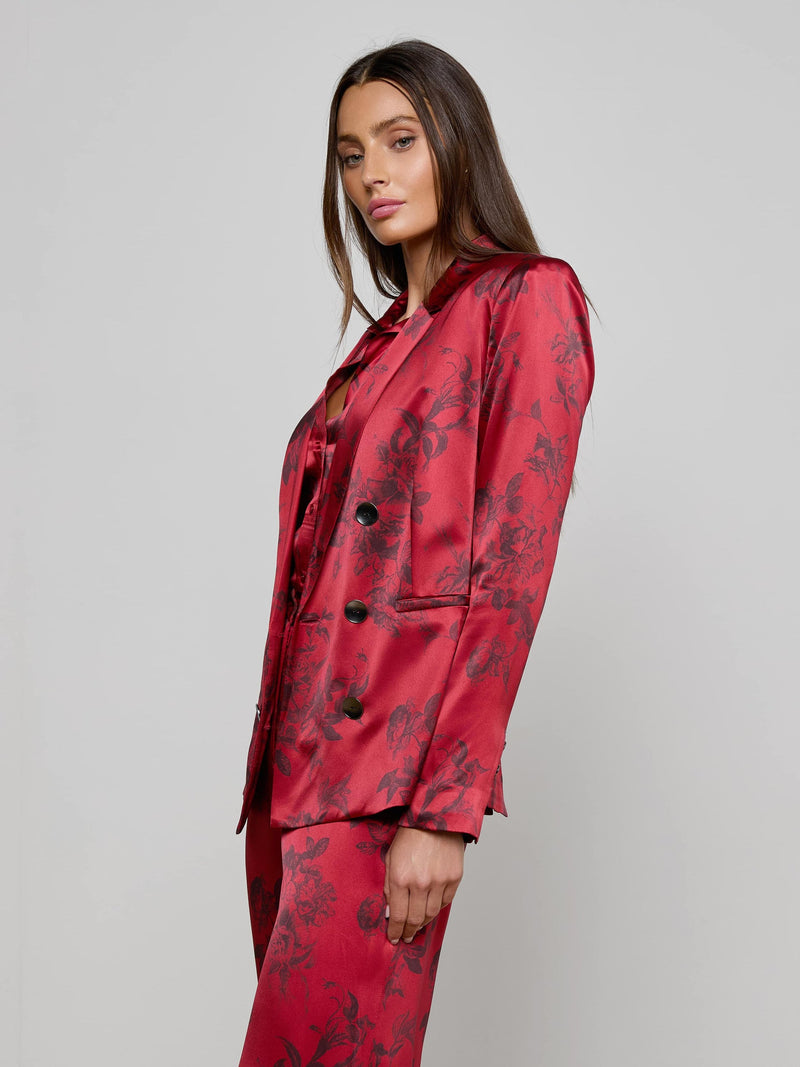 Colin Silk Blazer Burgundy Painterly Floral-L&