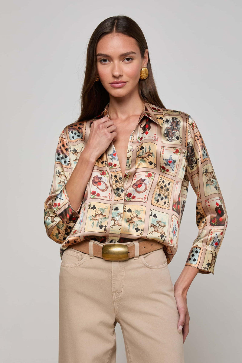 Dani 3/4 Sleeve Blouse in Tan Multi Western Cards-L&