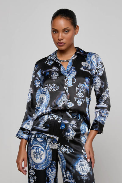 Dani Silk Blouse Black/Blue Porcelain Print-L'Agence-Tocca Finita