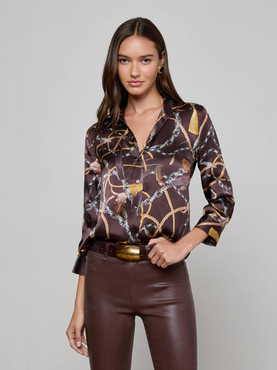 Dani Silk Blouse Coffee Bean Multi Mix Western Chain-L'Agence-Tocca Finita