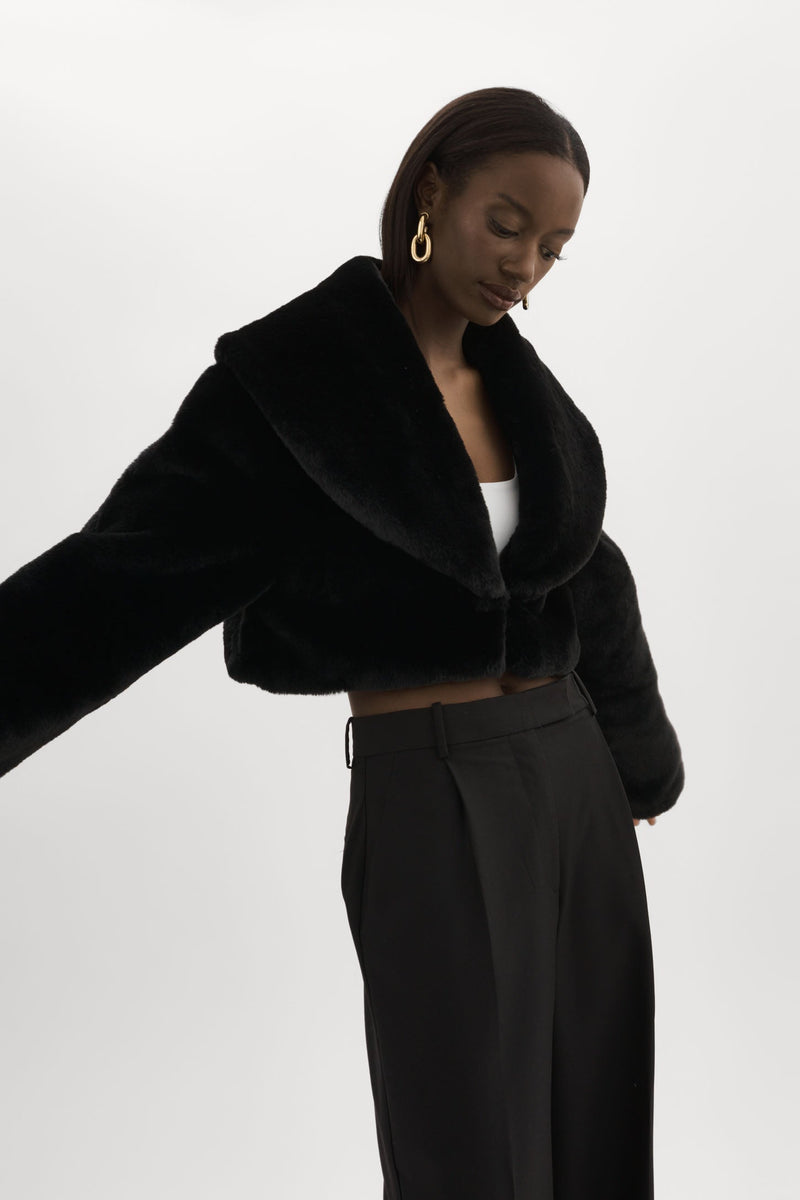 Danika Faux Fur Crop Jacket Black-LAMARQUE-Tocca Finita