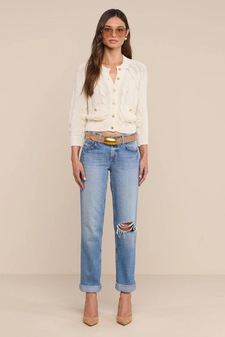 Darcy Cable Knit Cardigan Ivory-L&