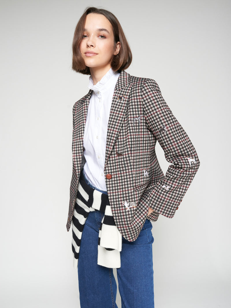 Dog-Embroidered Houndstooth Print Blazer-Vilagallo-Tocca Finita