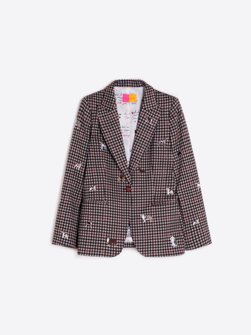Dog-Embroidered Houndstooth Print Blazer-Vilagallo-Tocca Finita