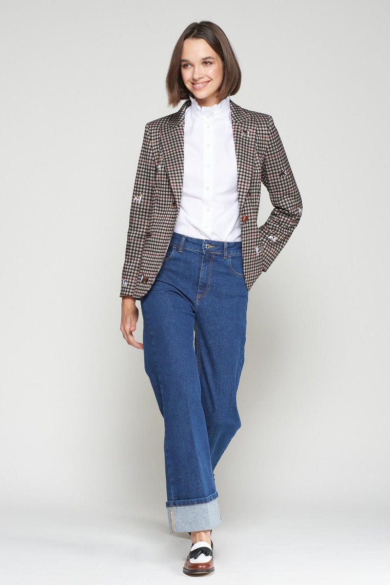 Dog-Embroidered Houndstooth Print Blazer-Vilagallo-Tocca Finita