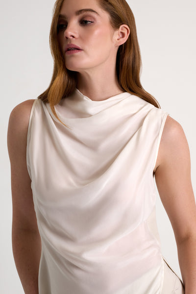 Draped High Boat Neckline Sleeveless Blouse Beige-Shan-Tocca Finita