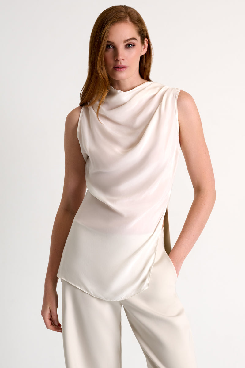 Draped High Boat Neckline Sleeveless Blouse Beige-Shan-Tocca Finita