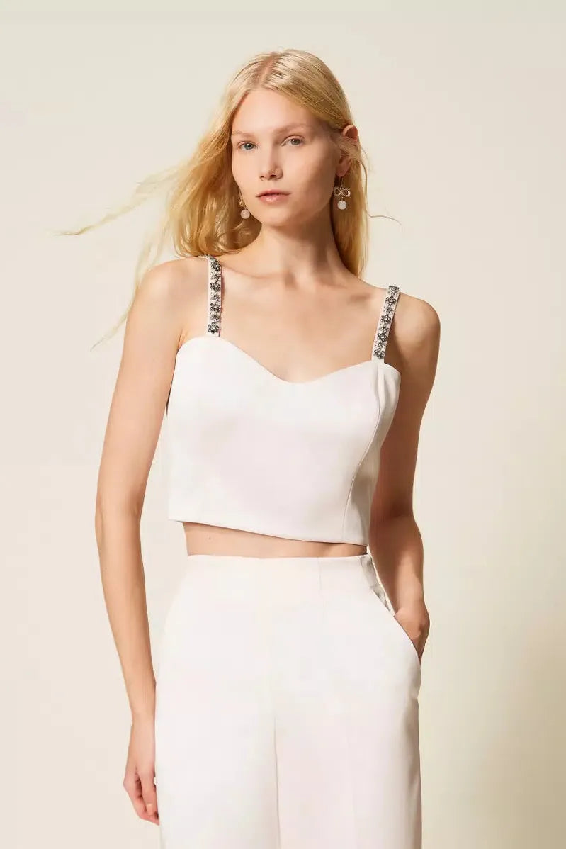 Duchesse Cropped Top With Embroidery Pink Sand-TWINSET-Tocca Finita