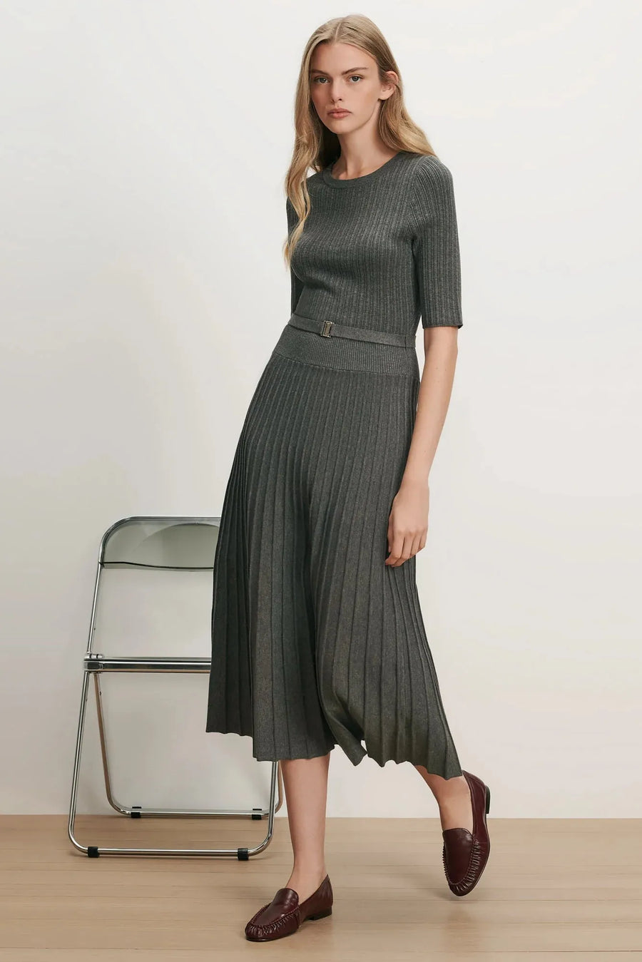 Elthea Belted Midi Dress Charcoal Heather Grey-Veronica Beard-Tocca Finita