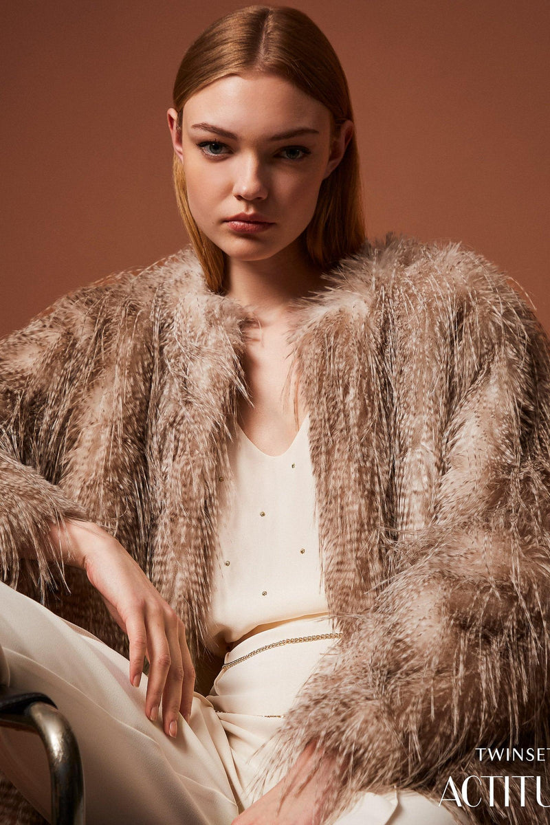 Faux Fur Printed Jacket Shaded Toasted Coconut-Twinset Actitude-Tocca Finita