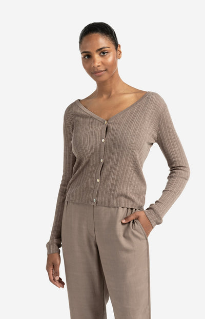 Fine Rib Knitted Cardigan With V-Neck And Long Sleeves Greyish Brown Melange