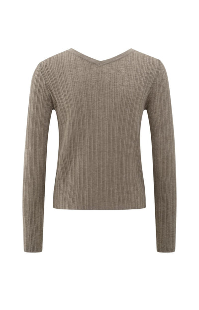 Fine Rib Knitted Cardigan With V-Neck And Long Sleeves Greyish Brown Melange