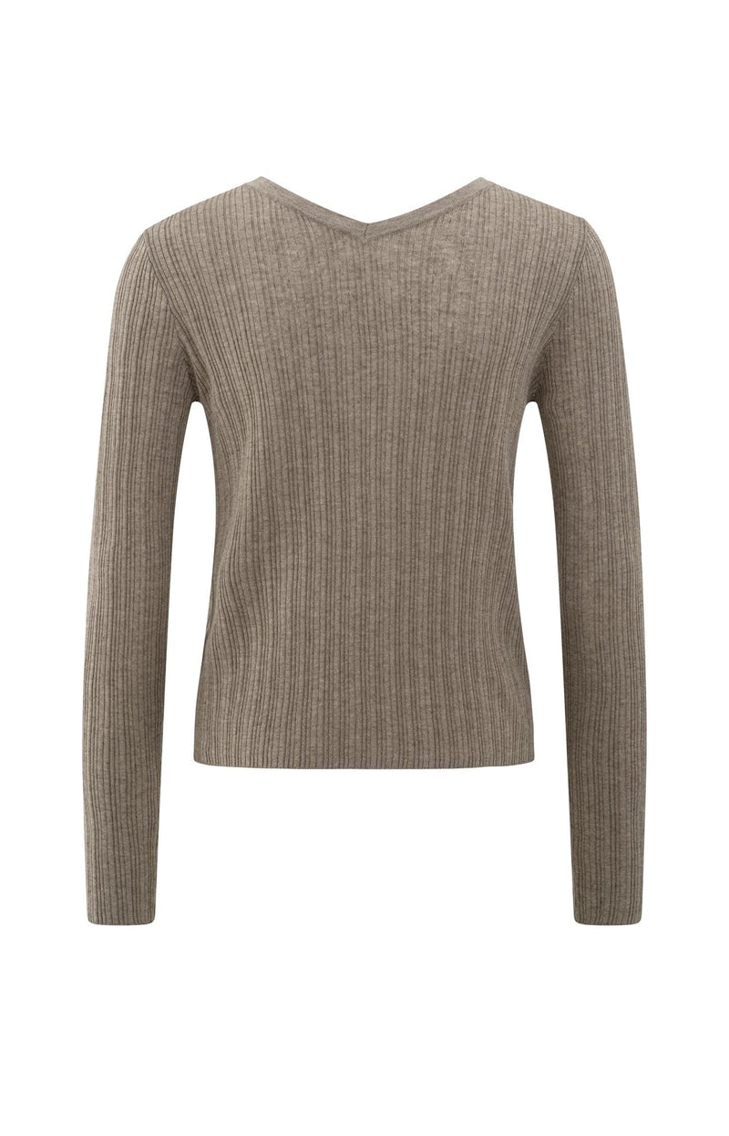 Fine Rib Knitted Cardigan With V-Neck And Long Sleeves Greyish Brown Melange