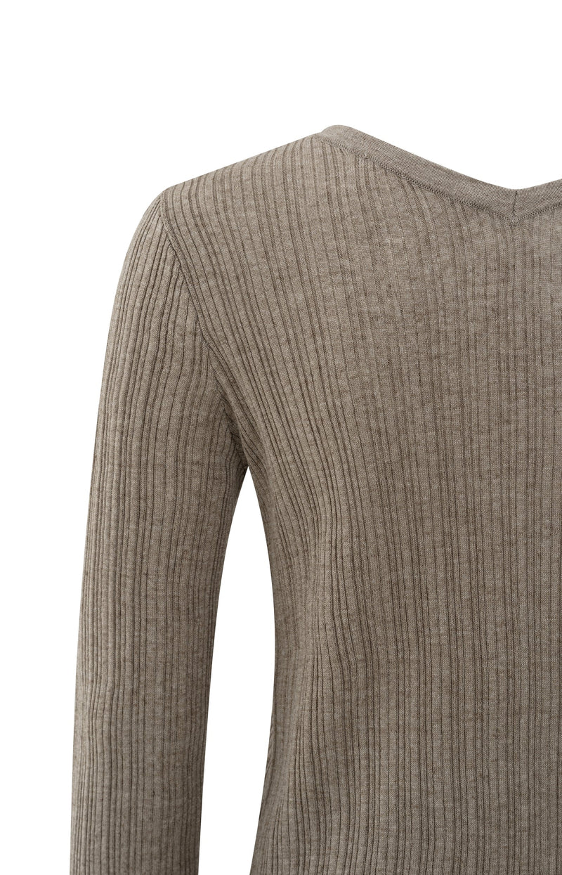 Fine Rib Knitted Cardigan With V-Neck And Long Sleeves Greyish Brown Melange