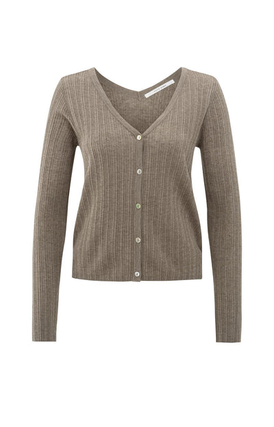 Fine Rib Knitted Cardigan With V-Neck And Long Sleeves Greyish Brown Melange
