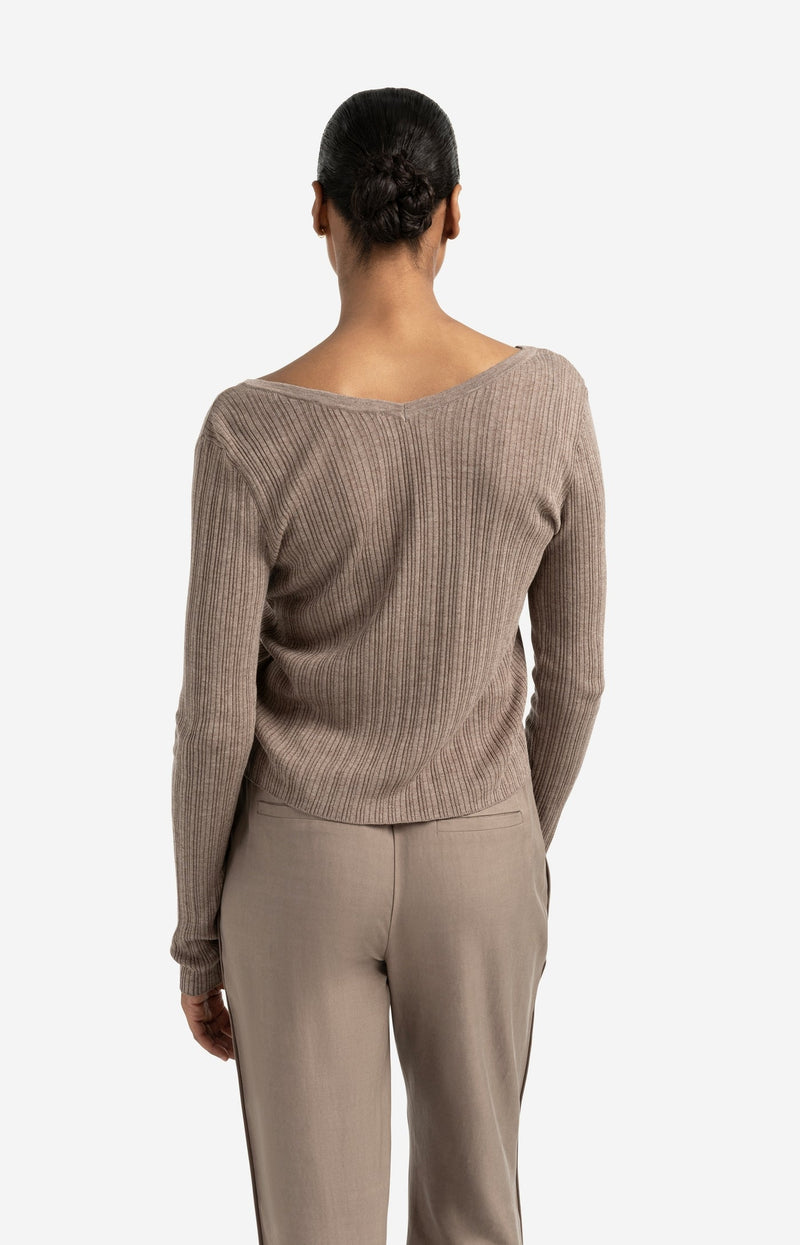 Fine Rib Knitted Cardigan With V-Neck And Long Sleeves Greyish Brown Melange