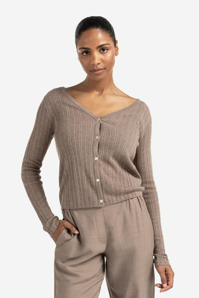 Fine Rib Knitted Cardigan With V-Neck And Long Sleeves Greyish Brown Melange-Yaya-Tocca Finita