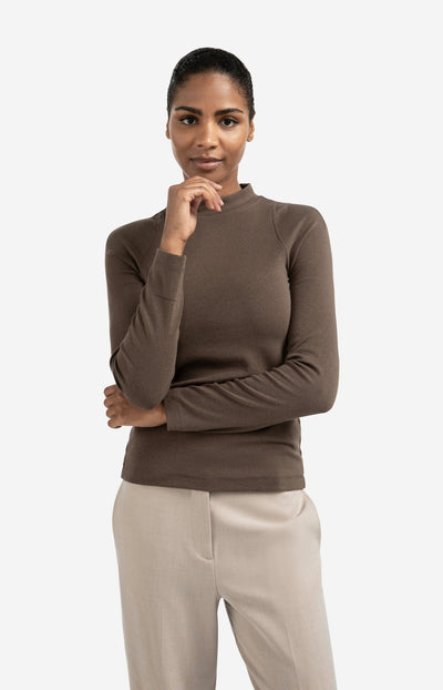 Fitted Long Sleeve Top With Mock Neck Brown