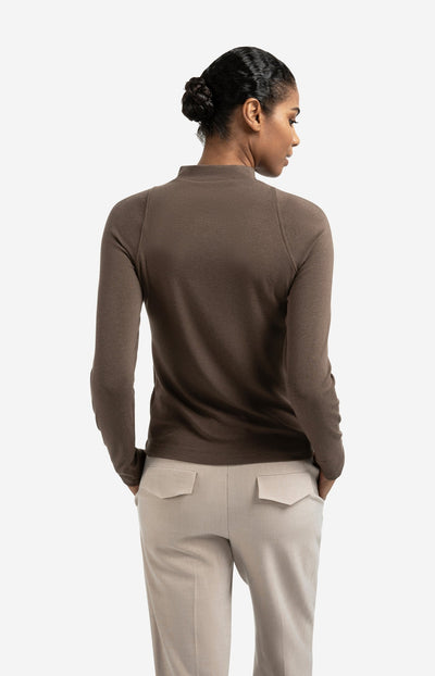 Fitted Long Sleeve Top With Mock Neck Brown