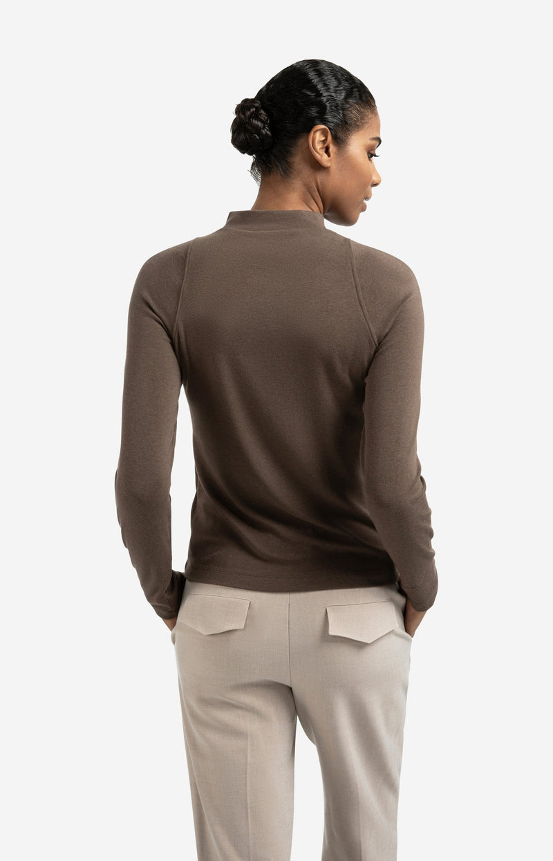 Fitted Long Sleeve Top With Mock Neck Brown