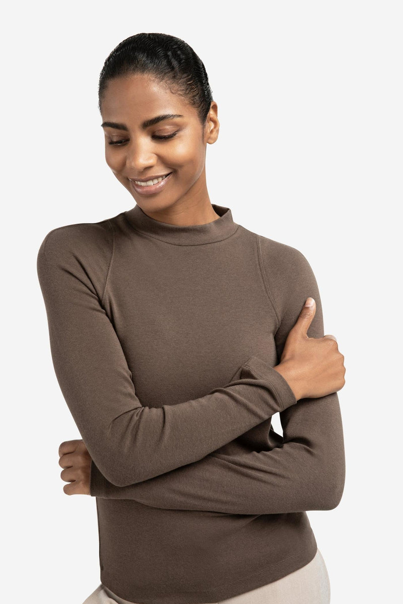 Fitted Long Sleeve Top With Mock Neck Brown