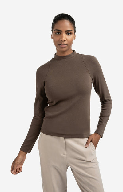 Fitted Long Sleeve Top With Mock Neck Brown