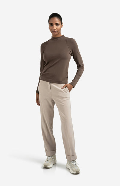 Fitted Long Sleeve Top With Mock Neck Brown-Yaya-Tocca Finita