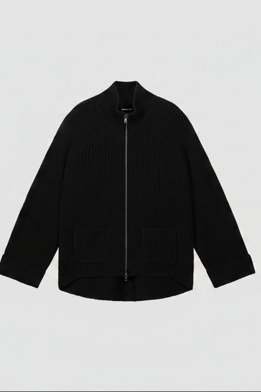 Italian Lambswool Rib-Knit Zip Cardigan Black-Repeat-Tocca Finita